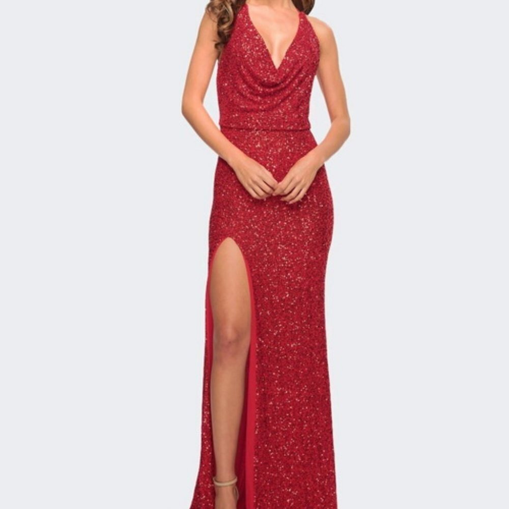 La Femme Red Sequin Sleeveless Gown